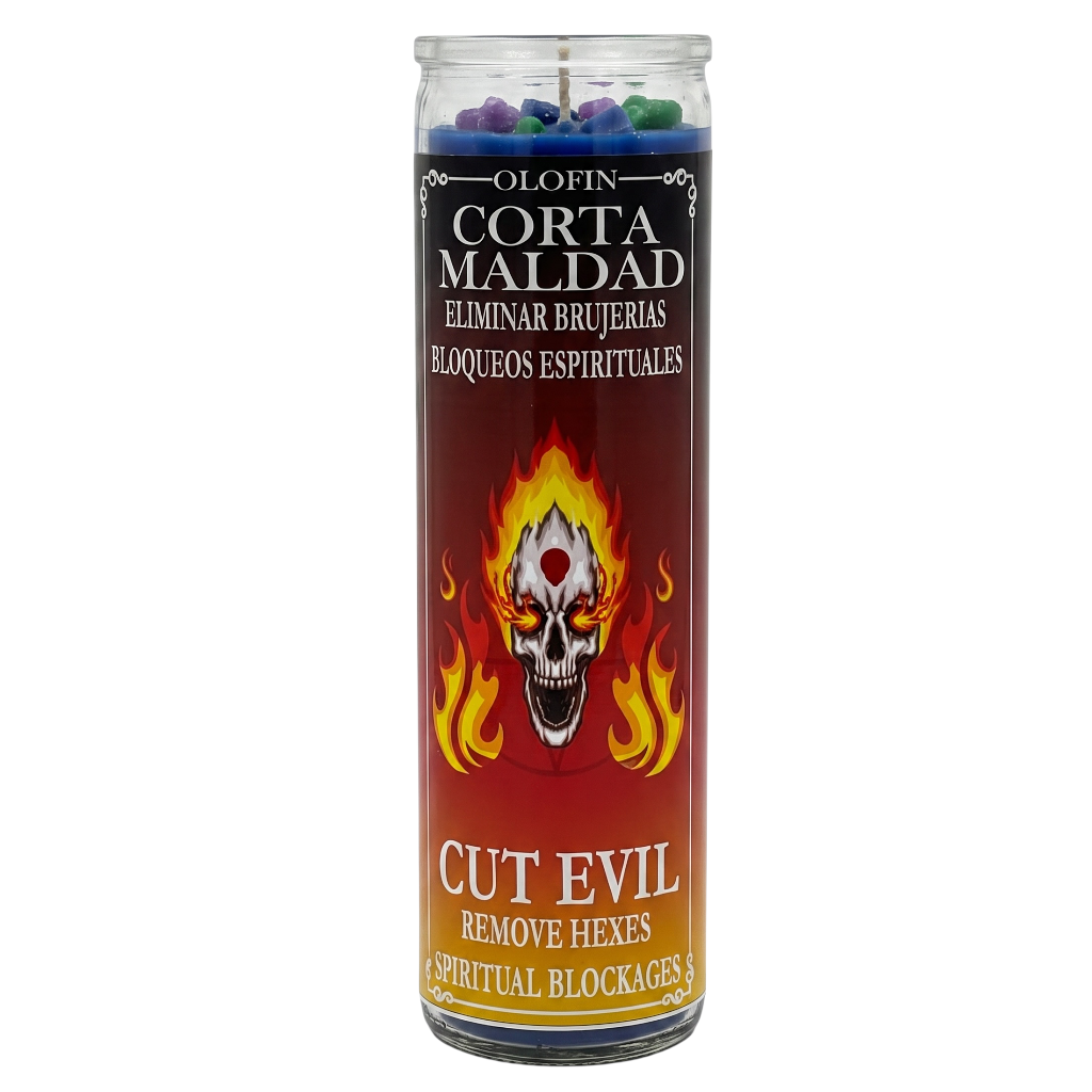 A tall glass jar candle with a dark red and black label featuring a skull and flames. The label reads 'CORTA MALDAD', 'CUT EVIL', and 'REMOVE HEXES / SPIRITUAL BLOCKAGES'.