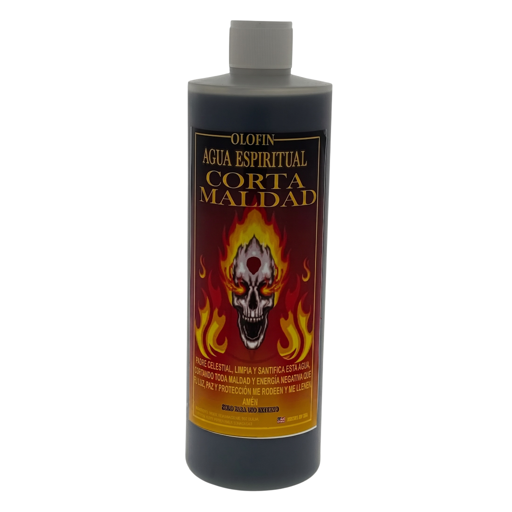 A bottle of Olofin Agua Espiritual Corta Maldad spiritual cleansing liquid, featuring a dark gray bottle with a red and gold label depicting a skull surrounded by flames.