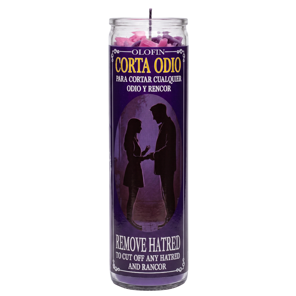 A tall glass jar candle with a purple label reading 'Olofin Corta Odio' and 'Remove Hatred, To Cut Off Any Hatred and Rancor,' featuring a silhouette of a couple on the front.