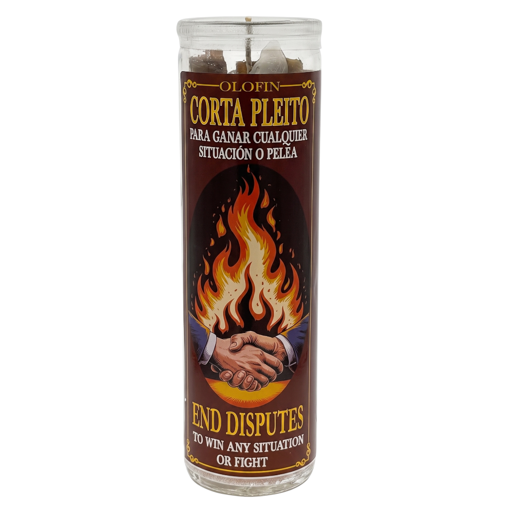 A tall clear glass prayer candle with a brown label featuring a handshake over flames and Spanish and English text reading 'Olofin Corta Pleito' and 'End Disputes to Win Any Situation or Fight.'.