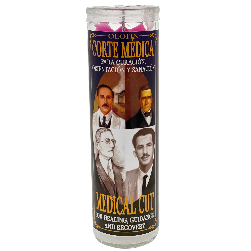 A tall glass prayer candle with a clear plastic outer sleeve. The label features a dark background with portraits of historical figures and gold and white text reading 'OLAFN CORTE MEDICA' and 'MEDICAL CUT FOR HEALING, GUIDANCE, AND RECOVERY'.