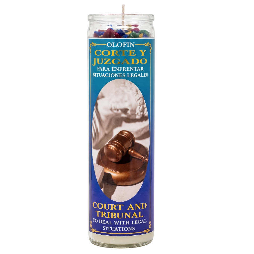 A tall glass prayer candle with a blue label reading 'Olofin Corte y Juzgado' and 'Court and Tribunal,' featuring a gavel and statue image, on a white background.