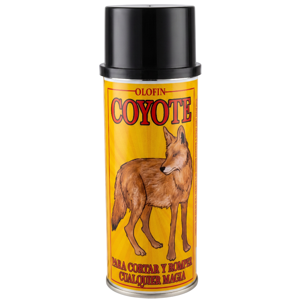 A can of Olofin Coyote natural hair remover spray, featuring a bright yellow label with a brown coyote illustration and a black spray cap, set against a plain white background.