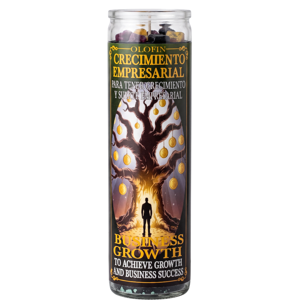 A tall glass prayer candle with a dark green label featuring a tree of life design, gold text reading 'OLORINO CRECIMIENTO EMPRESARIAL' and 'BUSINESS GROWTH', and a small human silhouette at the base, shown on a plain white background.