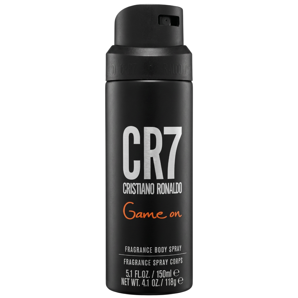 Black body spray bottle with 'CR7 Cristiano Ronaldo Game on' text on a white background