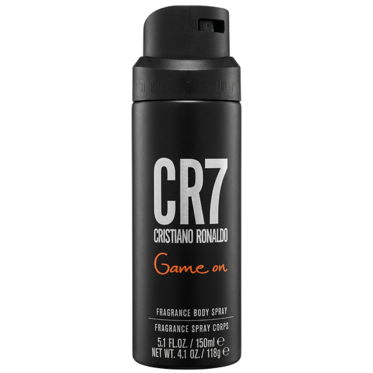 Black body spray bottle with 'CR7 Cristiano Ronaldo Game on' text on a white background