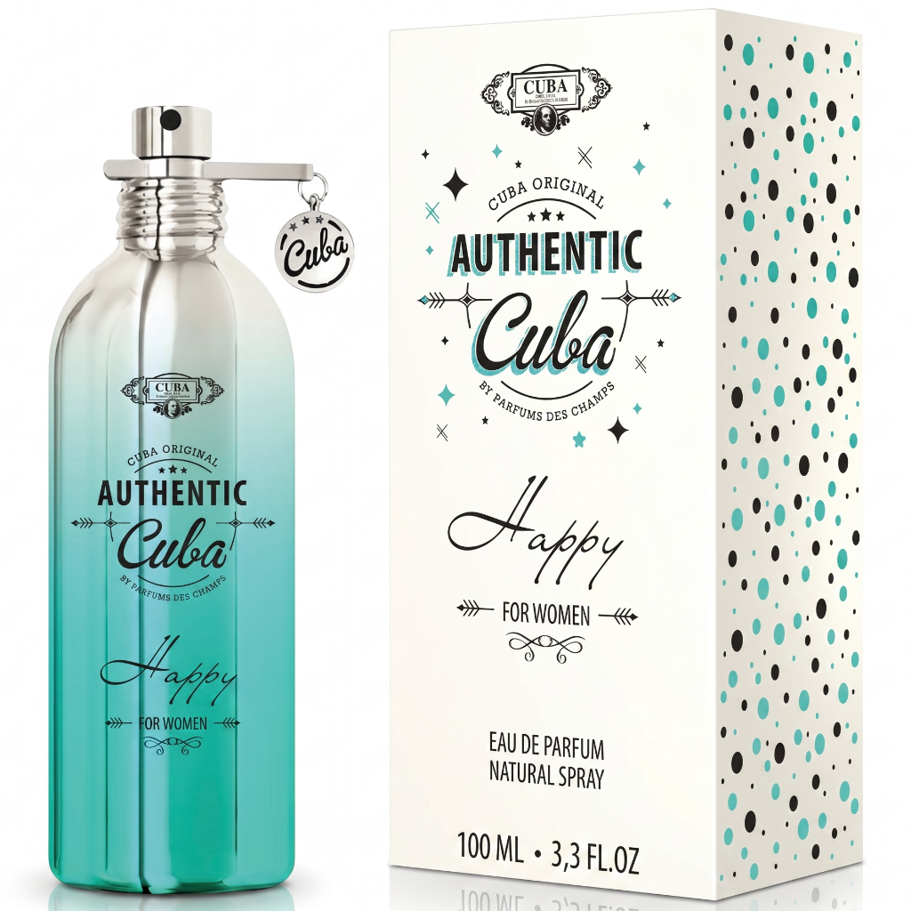 Teal perfume bottle and packaging of 'Authentic Cuba Happy' for women on a white background