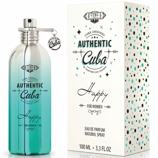Teal perfume bottle and packaging of 'Authentic Cuba Happy' for women on a white background