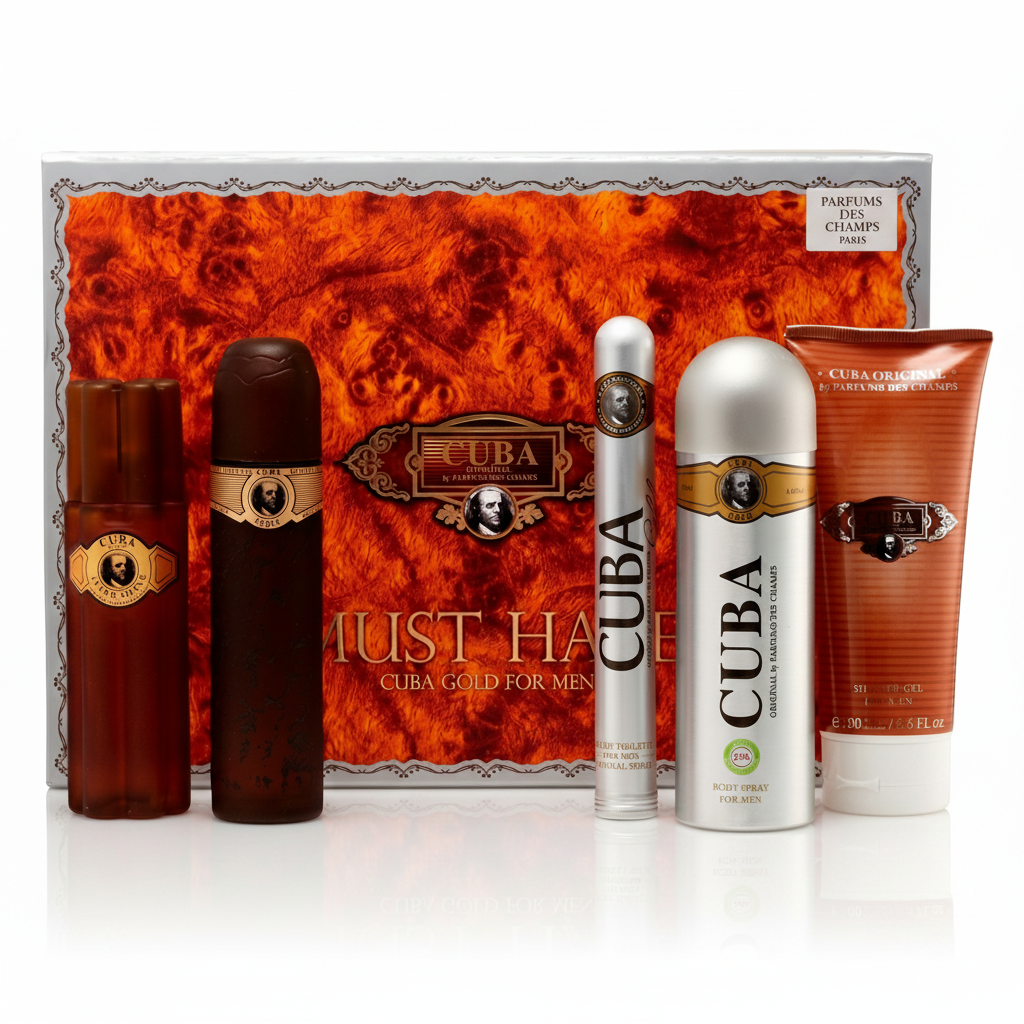 Cuba brand men's grooming set with bottles and a box on a white background