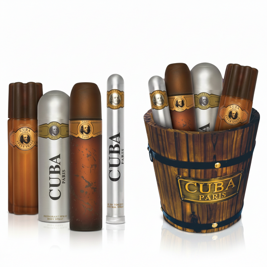 Cuba Paris cologne bottles and barrel-shaped container on a white background