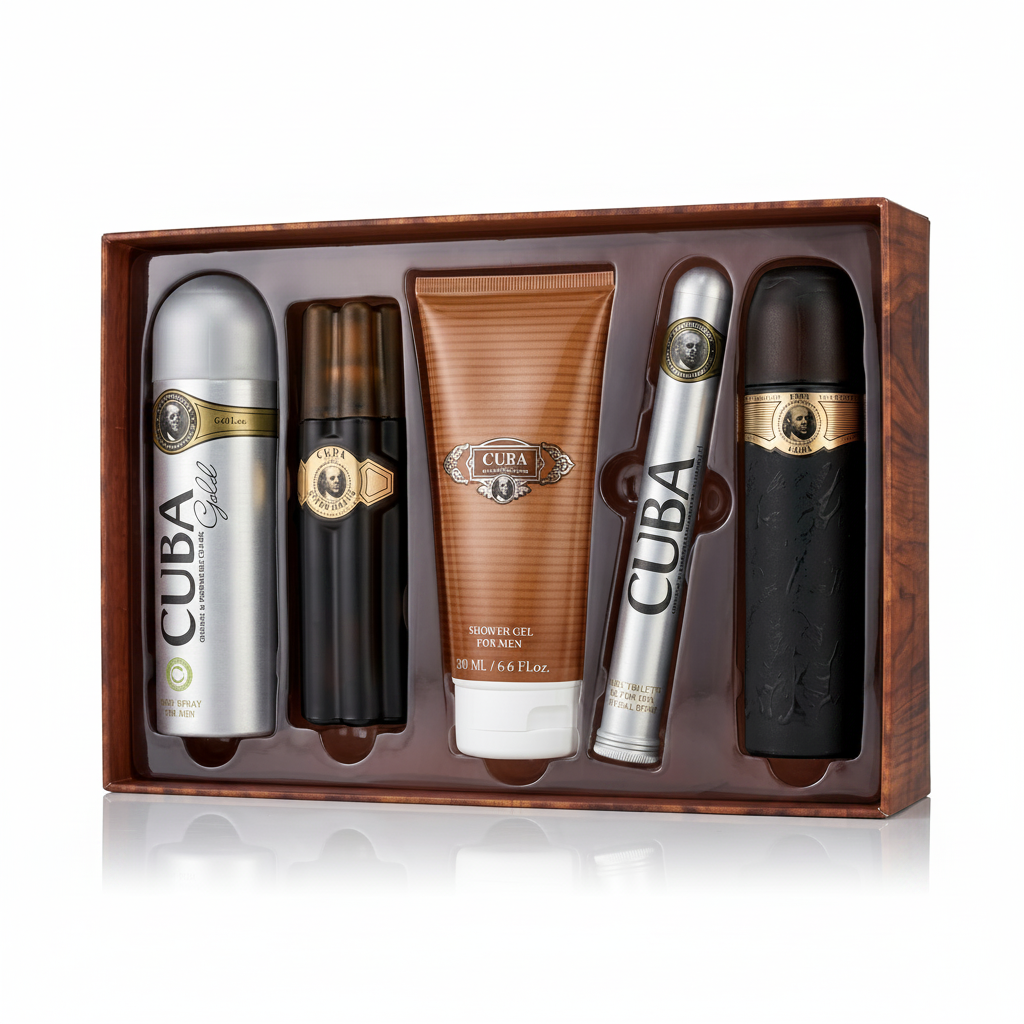 Cuba brand grooming products in a wooden box on a white background