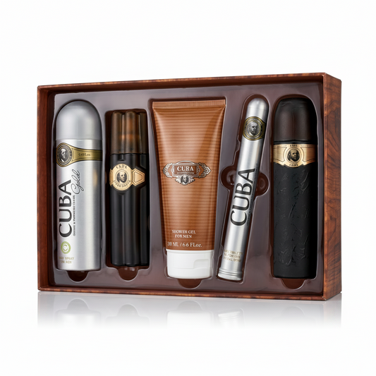 Cuba brand grooming products in a wooden box on a white background