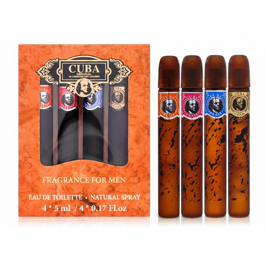 Cuba fragrance set for men with packaging and four bottles displayed.