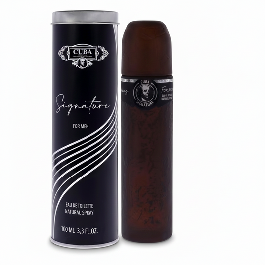 Cuba Signature for men eau de toilette spray bottle and canister on a white background