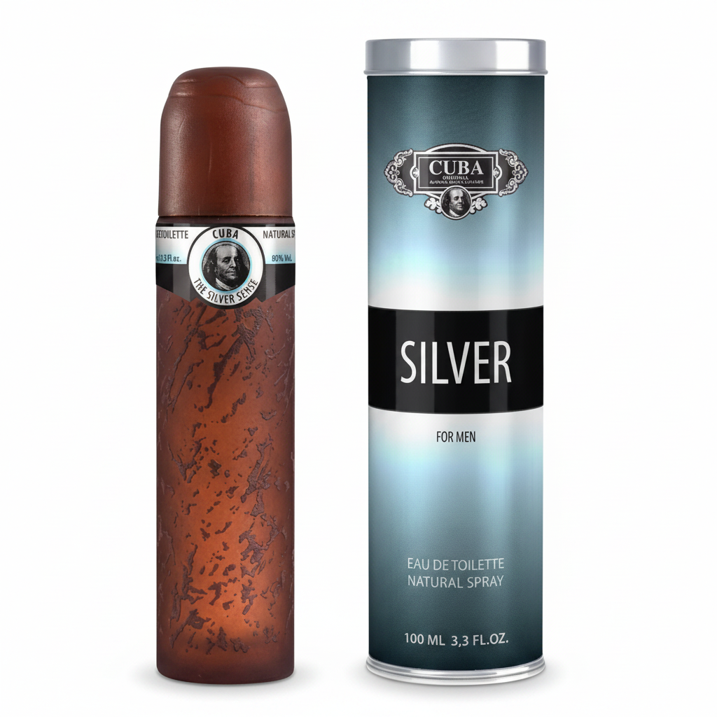 Cuba Silver for Men eau de toilette spray bottle and packaging.