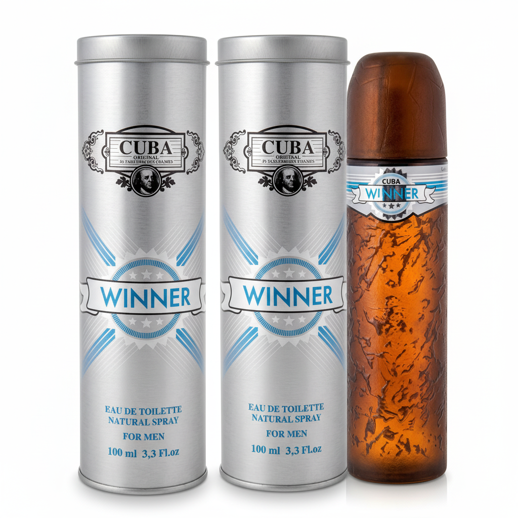 Cuba Winner eau de toilette spray bottle and silver canister on a white background