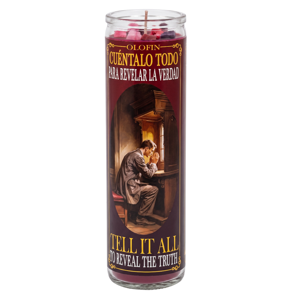 A tall glass devotional candle with a dark red label featuring an illustration of a man sitting in a chair and praying. The label has Spanish text reading 'OLOFIN CUENTALO TODO PARA REVELAR LA VERDAD' and English text reading 'TELL IT ALL TO REVEAL THE TRUTH'.
