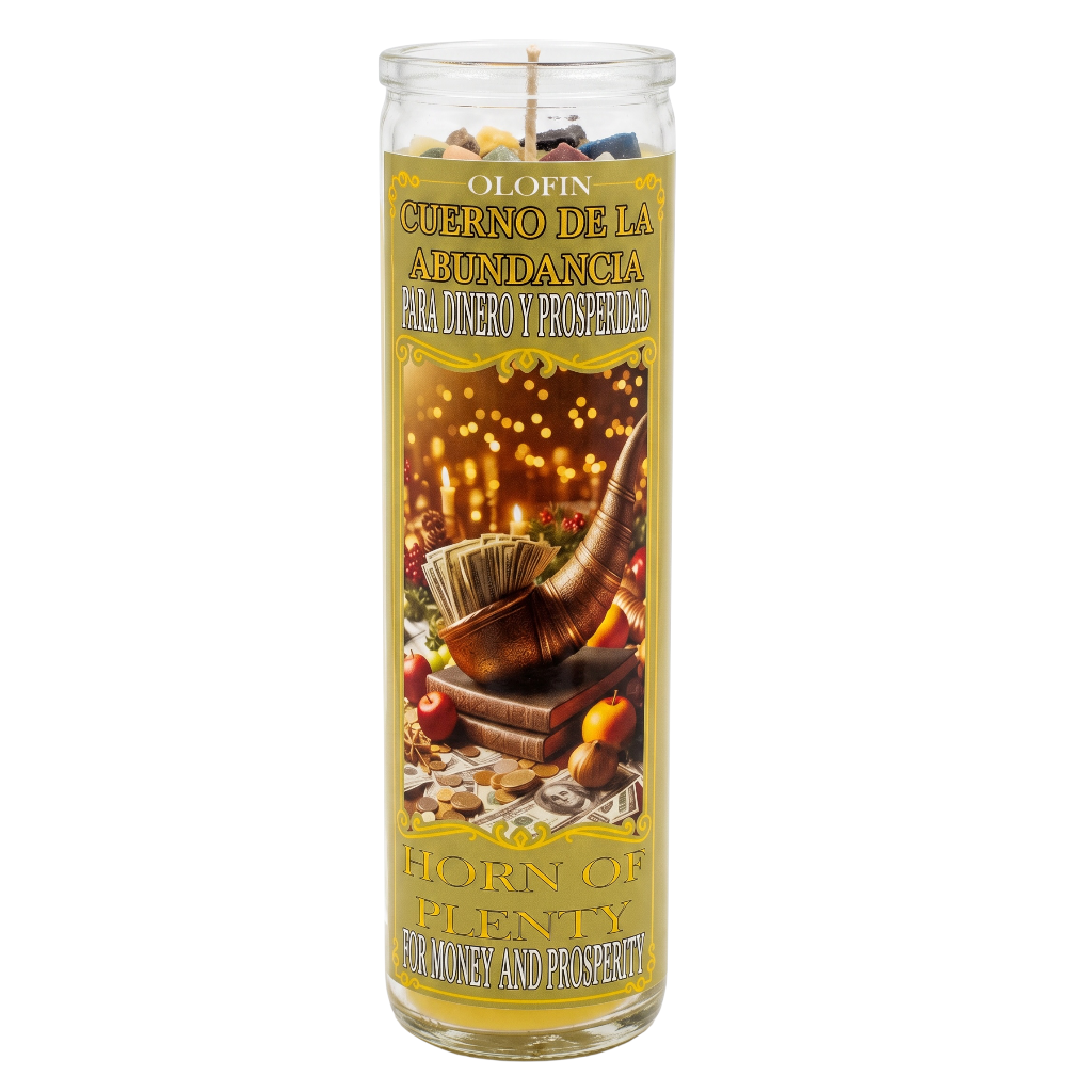 A tall glass jar candle with a clear lid and a single wick, featuring a gold-toned label with Spanish text reading 'Olofin Cuerno de la Abundancia' and 'Horn of Plenty,' plus an illustration of a brass horn, candles, and autumn fruits.