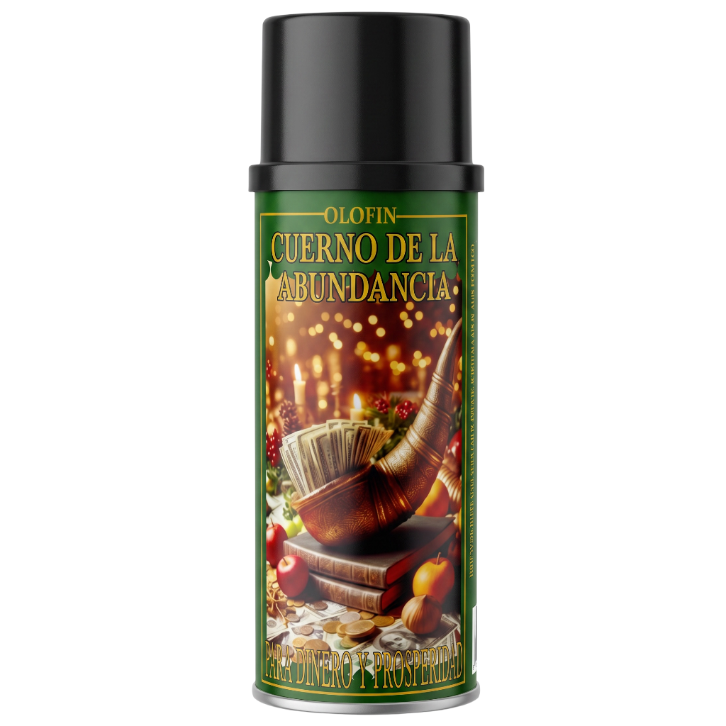 A single aerosol can of Olofin 'Cuerno de la Abundancia' (Horn of Abundance) on a solid white background. The can features a black cap and a dark green label decorated with a festive illustration of a bronze horn, candles, books, and coins.