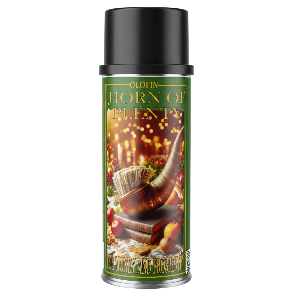 A single aerosol spray can of Olofin 'Horn of Plenty' fragrance, featuring a black cap and a green label with a festive illustration of a horn, candles, and autumn fruits.