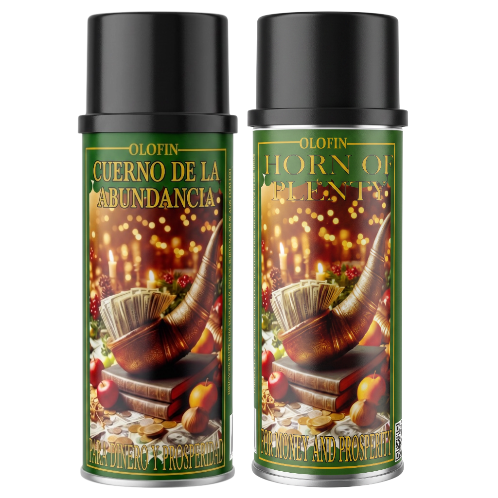 Two identical Olofin spray cans with black caps and green labels, featuring a festive illustration of a brass horn, candles, books, and coins on a white background.