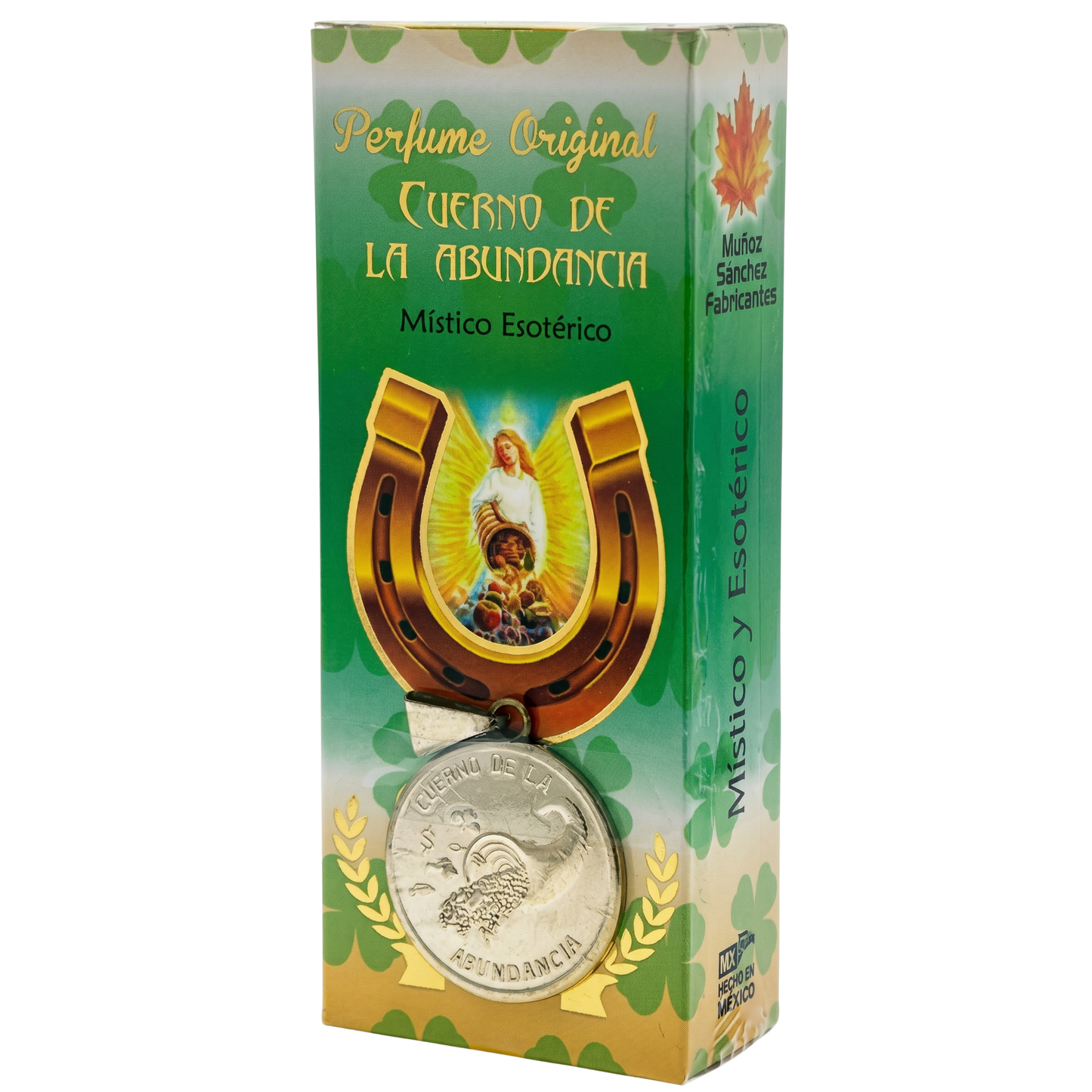 Perfume packaging with a gold horseshoe and coin design on a green background
