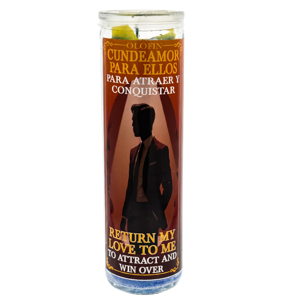 A tall glass jar candle with a brown and gold label featuring a man in a suit and Spanish and English text that reads 'Olofin Cunde Amor Para Ellos Para Atraer Y Conquistar' and 'Return My Love To Me To Attract And Win Over.'.