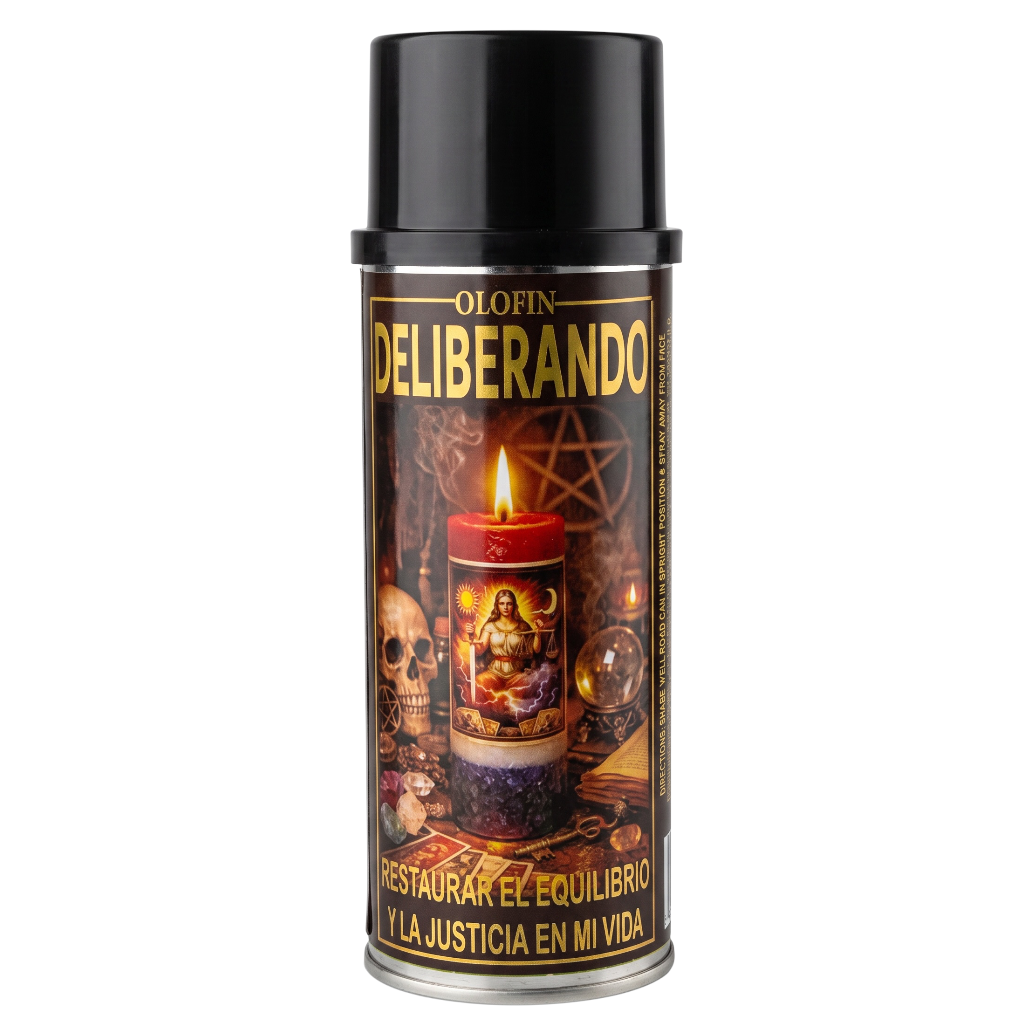 A can of Olofin Deliberando spiritual candle spray with a black cap and a dark label featuring a red candle, skull, and pentagram illustration.