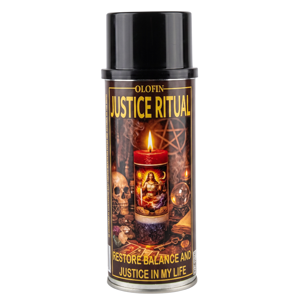 A can of Olofin Justice Ritual spray with a black cap and a detailed label featuring a red candle, skull, and mystical symbols on a white background.