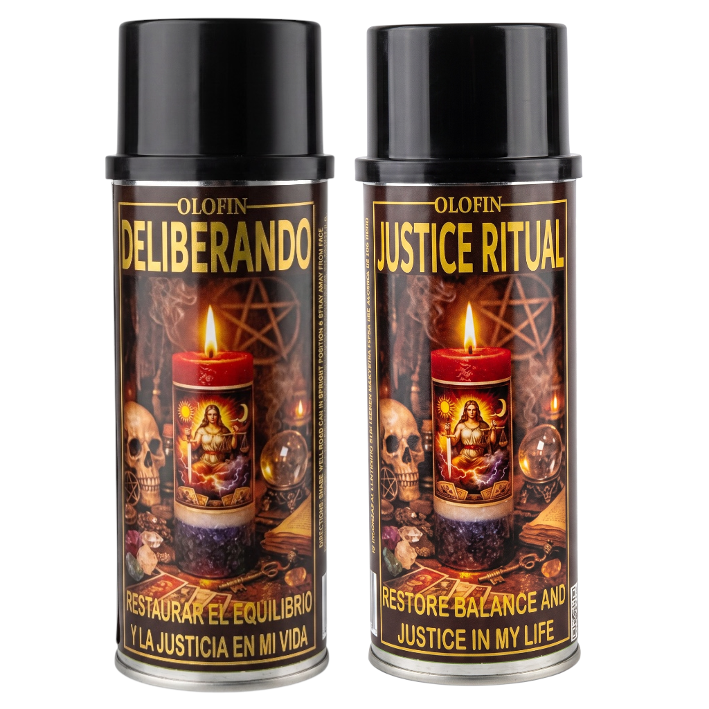 Two Olofin Deliberando / Justice Ritual spray cans with black caps and dark labels featuring a red candle, skull, and occult symbols on a white background.