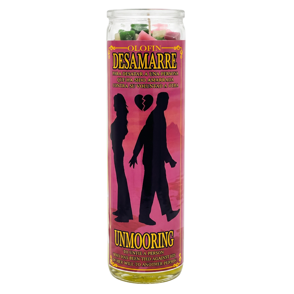 A tall glass jar candle labeled 'Olofin Desamarre Unmooring' with a pink label featuring black silhouettes of a couple with a broken heart, on a white background.