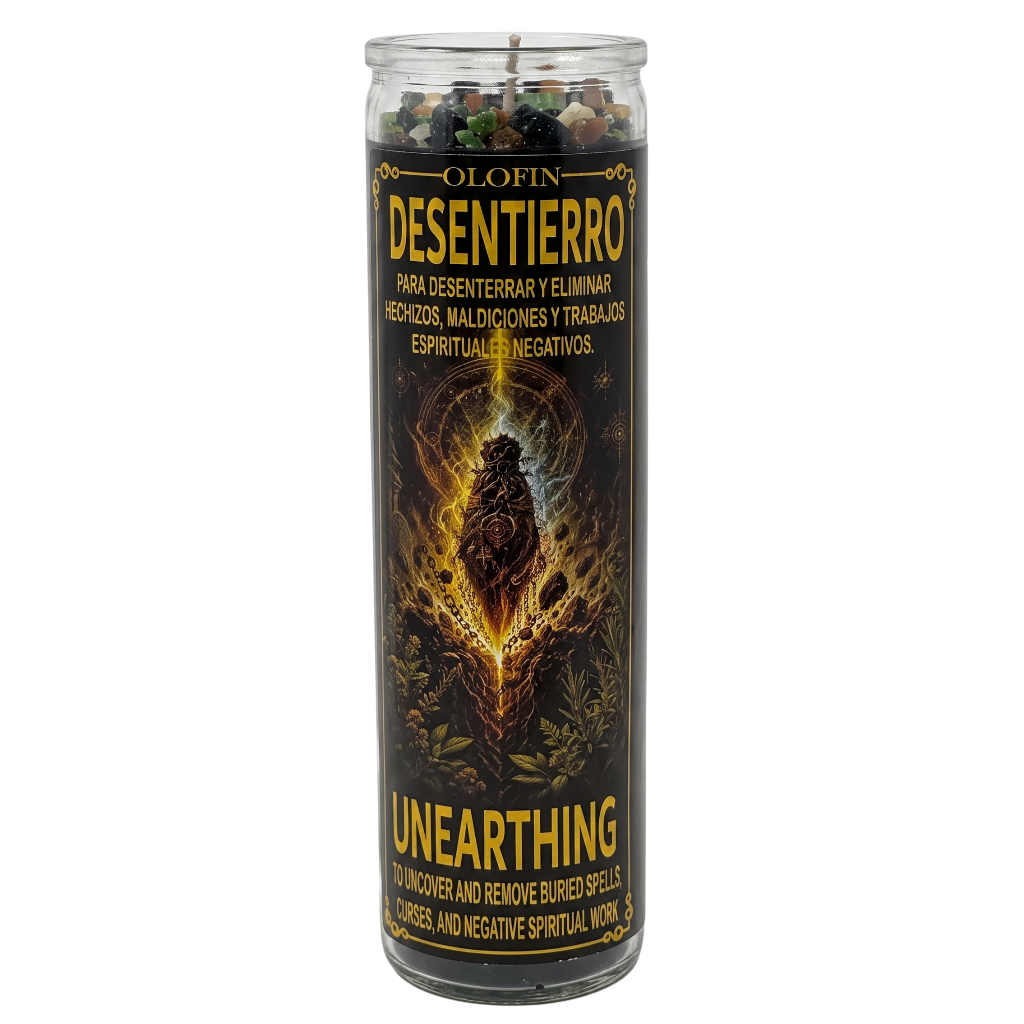 A tall glass jar candle labeled 'Olofin Desentierro Unearthing' with a black label featuring a glowing cannabis bud illustration and yellow text, shown on a white background.