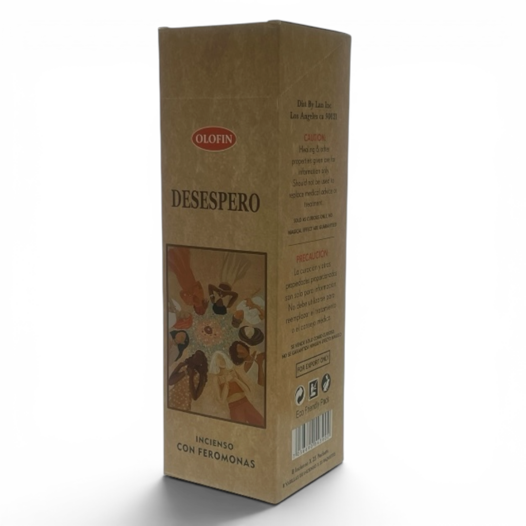 A tall, narrow brown cardboard box for Olofin Desespero incense with feromonas, featuring a small illustration of a man and a woman on the front and product details on the side, set against a plain white background.