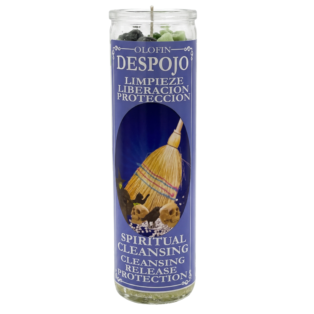 A tall glass jar candle labeled 'Olofin Despojo Spiritual Cleansing Cleansing Release Protection' with a dark blue label, shown on a plain white background.