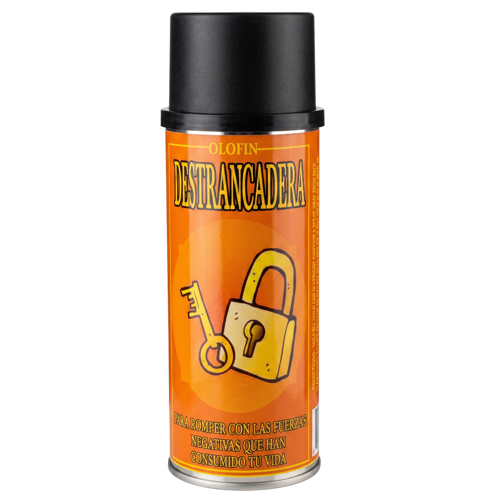 A can of Olofin Destrancadera lock pick spray, featuring an orange label with a yellow padlock and key graphic, and a black cap, on a white background.