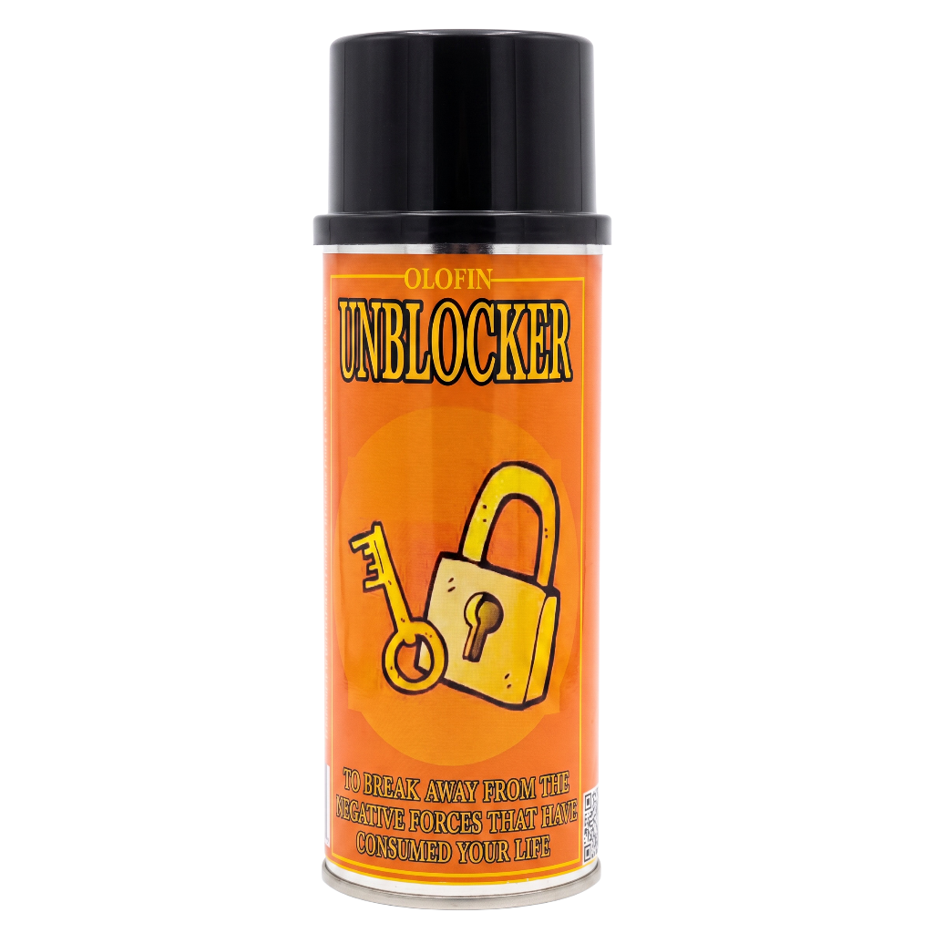 A can of Olofin Unblocker spray with a black cap and an orange label featuring a yellow padlock and key graphic.