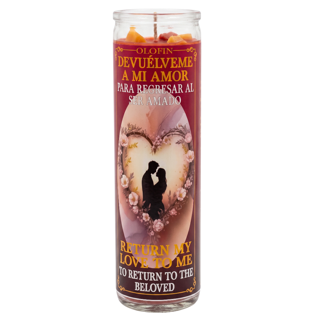A tall glass prayer candle with a red and gold label featuring a heart-shaped illustration of a couple and Spanish and English text that reads 'Return My Love To Me / To Return To The Beloved'.