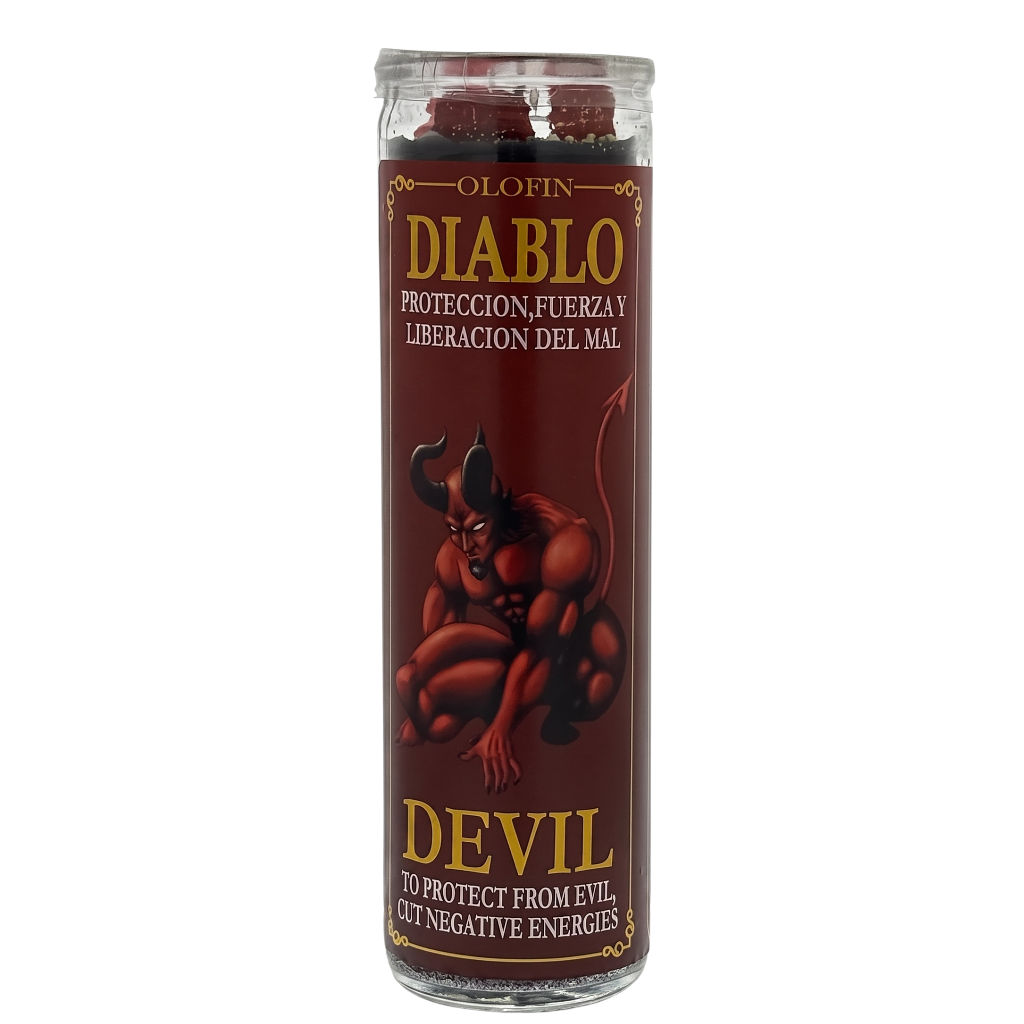 A tall glass prayer candle with a dark red label featuring a devil illustration and gold text reading 'OLOFIN DIABLO' and 'DEVIL'.