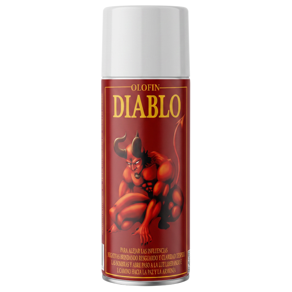 A can of Olofin Diablo perfume spray with a red label featuring a devil illustration and gold lettering, topped with a white cap, on a white background.
