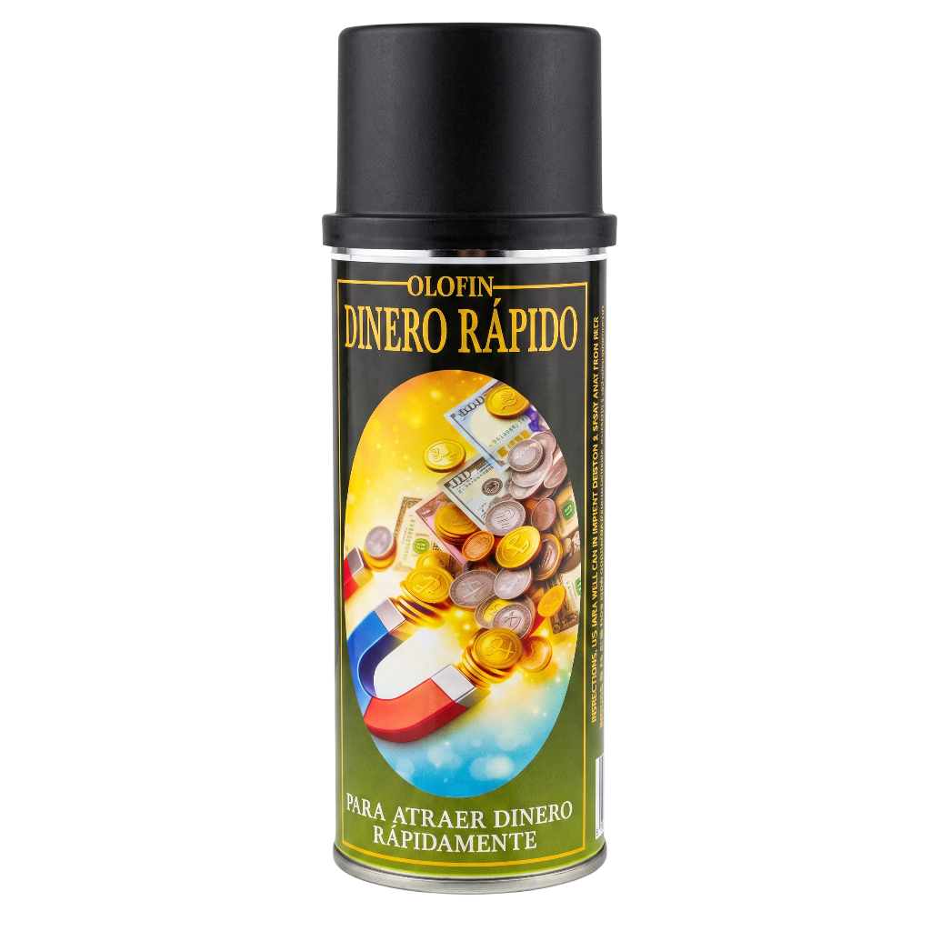A can of Olofin Dinero Rápido spray, featuring a black cap and a label with gold, green, and multicolor graphics depicting money and coins.