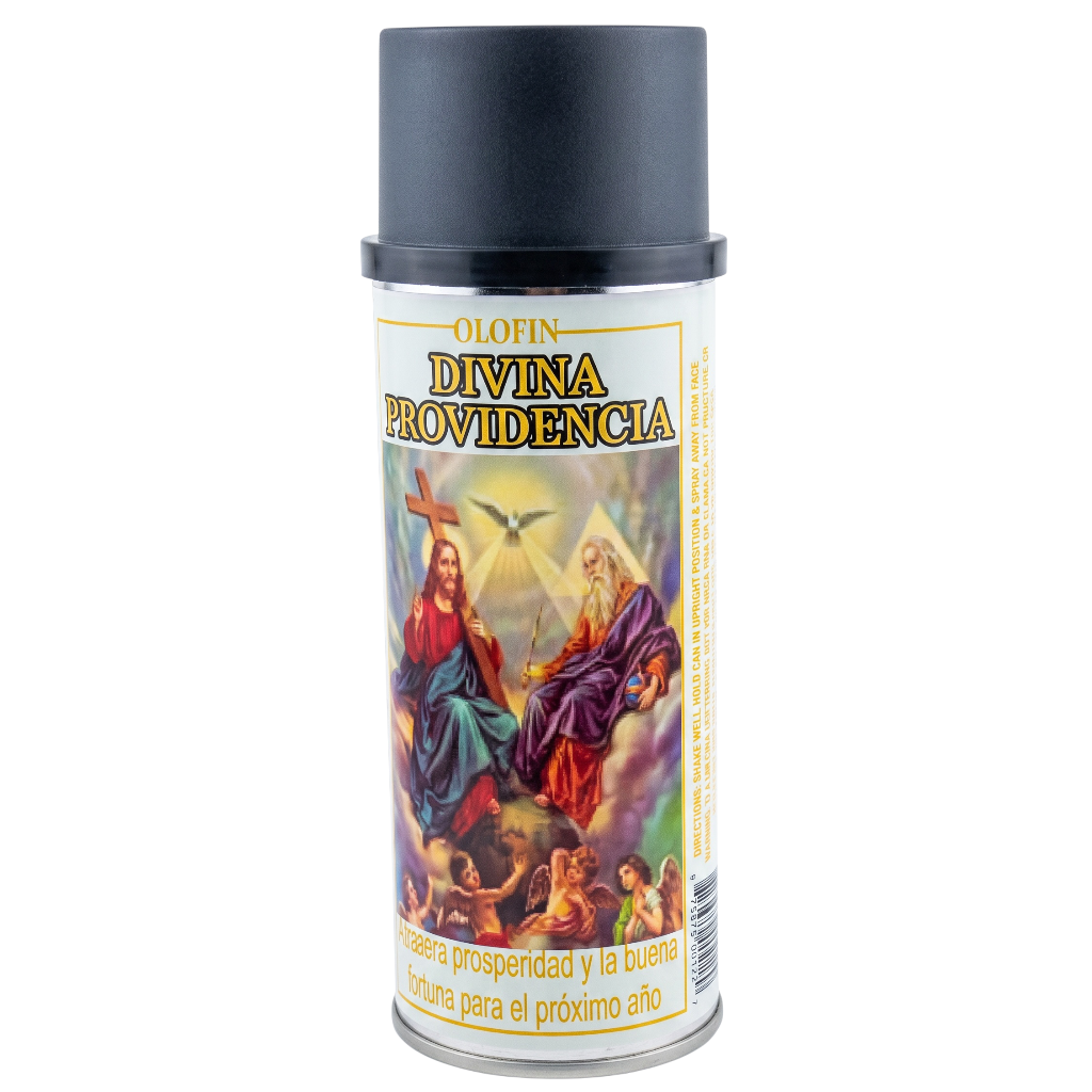 A can of Olofin Divina Providencia spray paint, featuring a colorful religious label with Jesus and Mary, on a solid white background.
