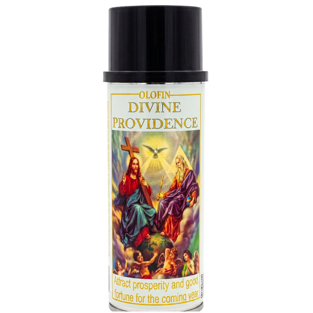 A cylindrical bottle labeled 'OLOFIN DIVINE PROVIDENCE' with a black cap and a colorful religious illustration on the front, shown against a plain white background.