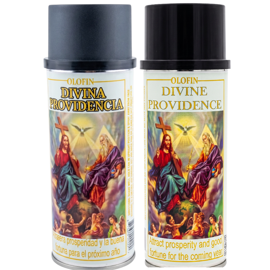 Two white spray cans of Olofin Divina Providencia with black caps, featuring a colorful religious illustration of Jesus and the Virgin Mary on the labels.
