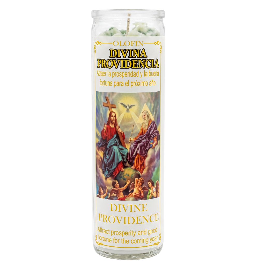 A tall glass jar candle with a white label reading 'DIVINE PROVIDENCIA' and a colorful religious illustration on the front, shown against a plain white background.