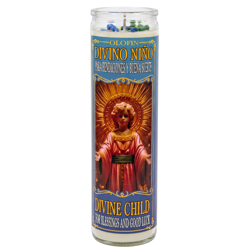 A tall glass devotional candle labeled 'Olofin Divino Niño' with a printed image of the Divine Child on the front, shown on a plain white background.