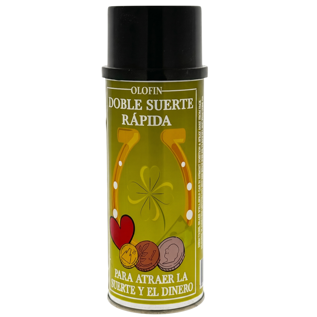 A can of Olofin Doble Suerte Rápida spray paint with a black cap and a yellow-green label featuring a horseshoe, four-leaf clover, and lucky coins.