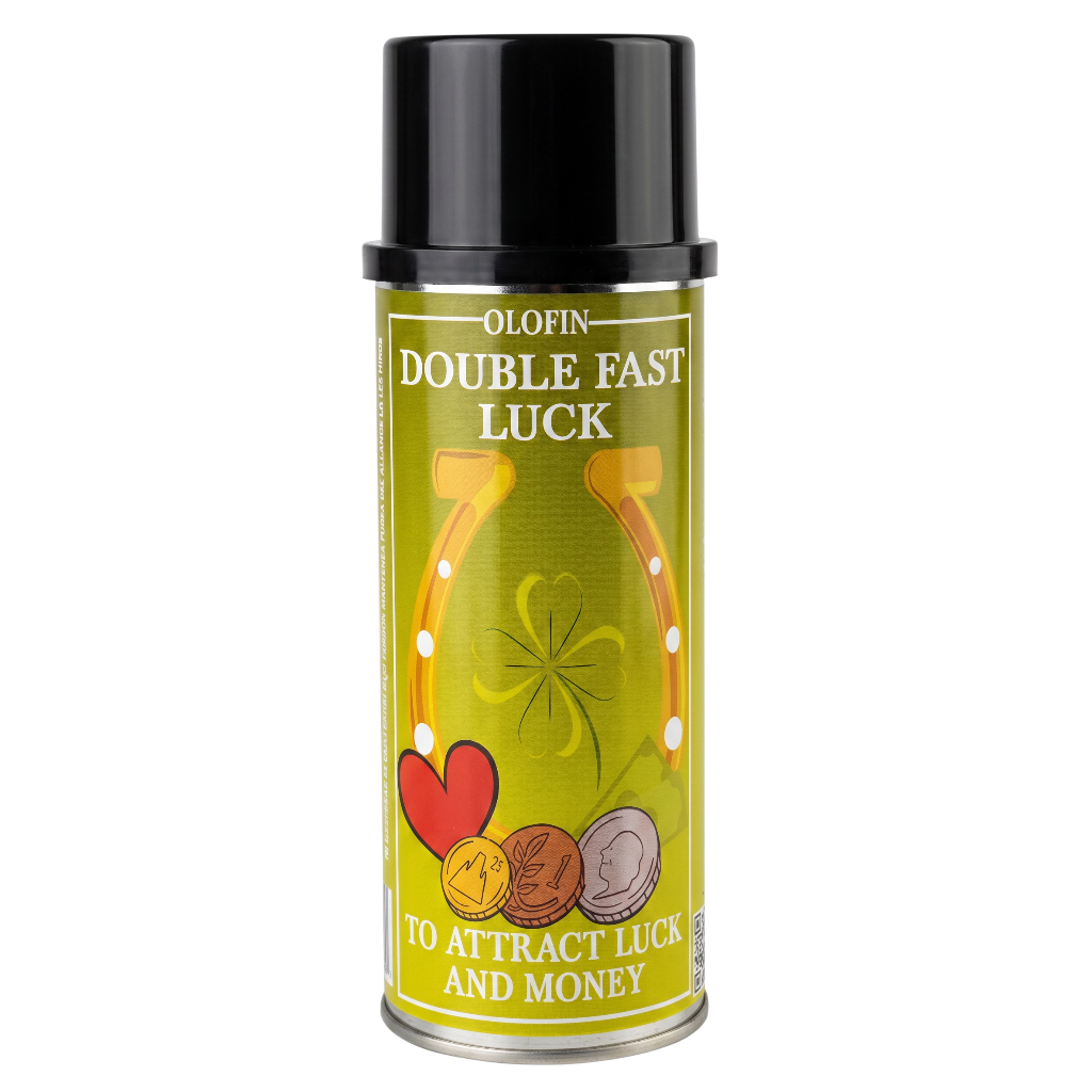 A can of Olofin Double Fast Luck spray with a black cap and a yellow-green label featuring a horseshoe, clover, and coins.