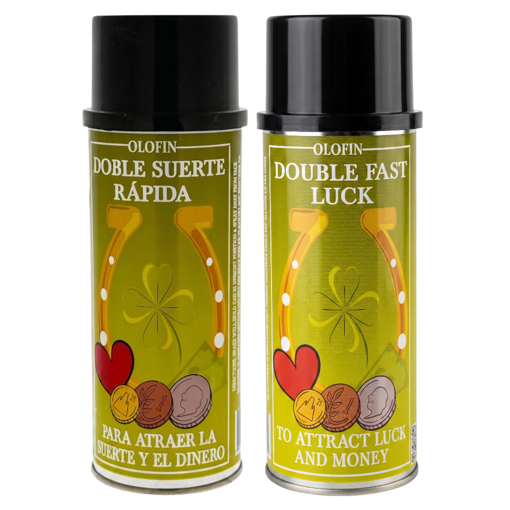 Two Olofin Double Suerte Rápida / Double Fast Luck spray cans with black caps and olive green labels featuring a horseshoe, clover, hearts, and coins.
