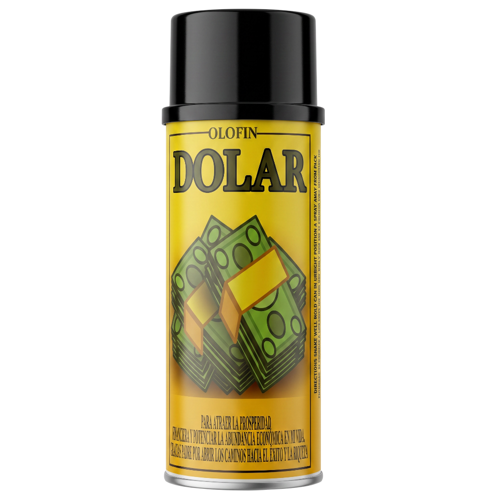 A can of Olofin Dollar spray paint on a plain white background. The can features a bright yellow label with bold black text reading 'OLOFIN DOLOR' and an illustration of green dollar bills.