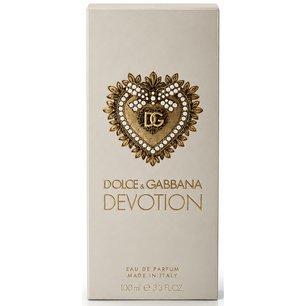 Dolce & Gabbana Devotion perfume box with decorative heart design on a white background